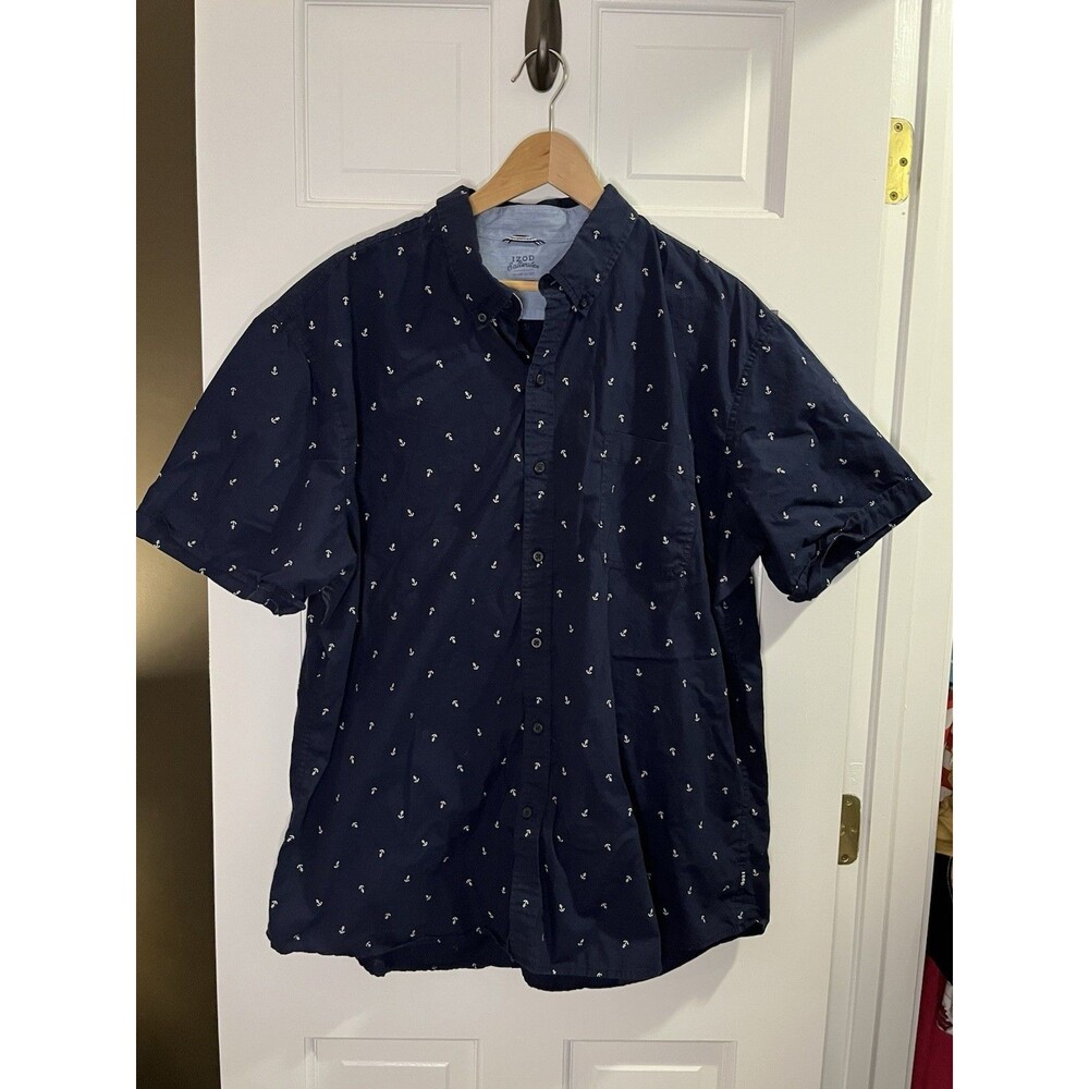IZOD Men’s XXL Blue Anchor Nautical Woven Pocket Short Sleeve Button-Down